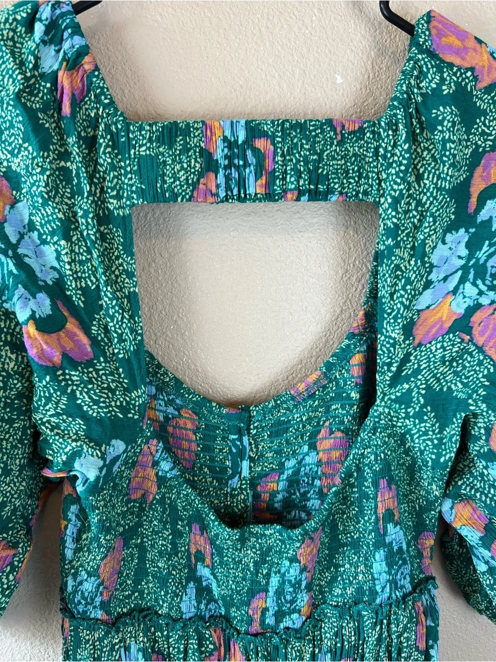 Free People Smocked Printed Picnic Mini Dress Green